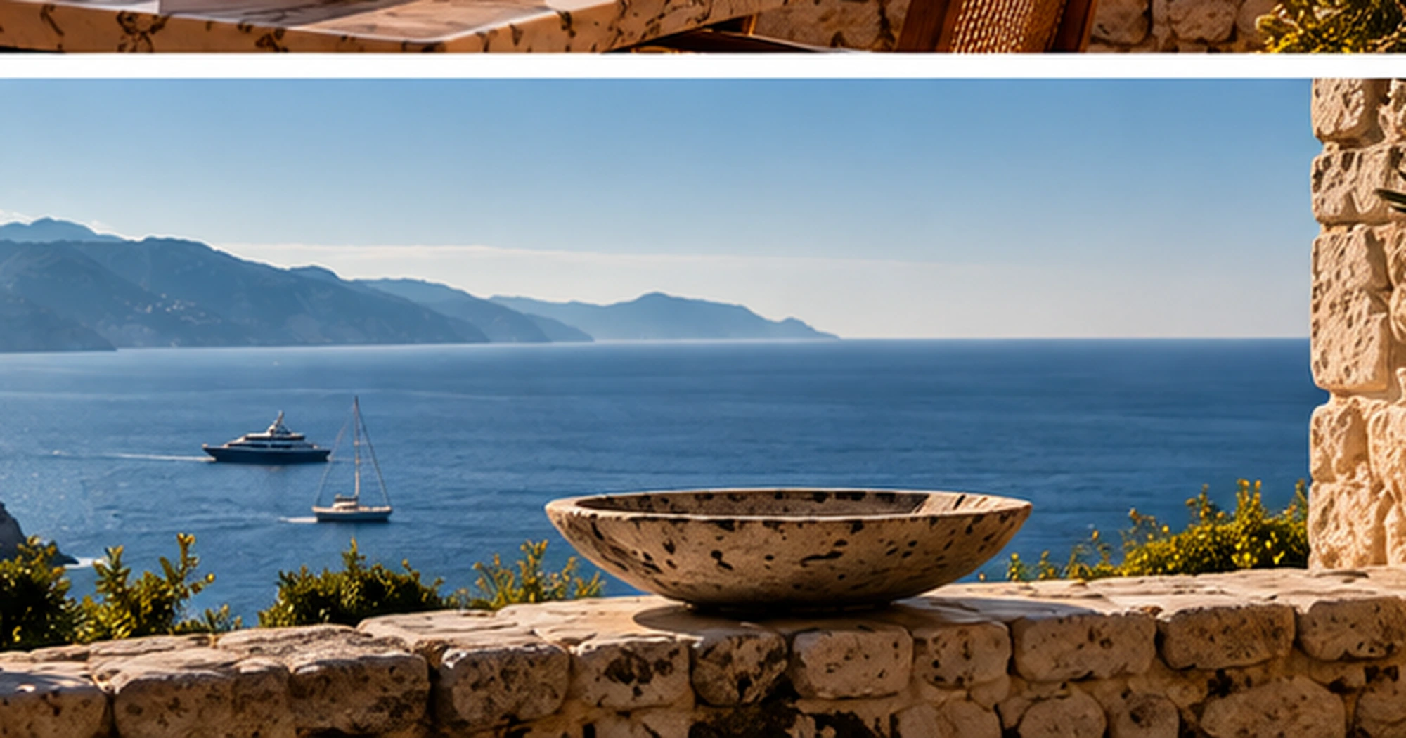 Luxury travel books and ceramics on a Mediterranean terrace